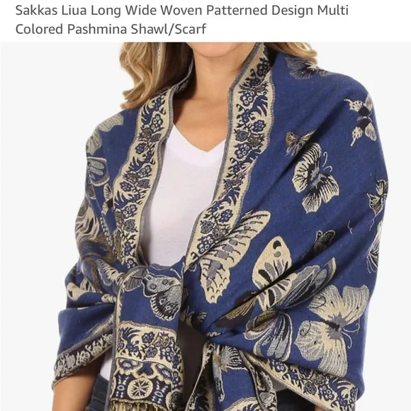 SAKKAS LIUA LONG WIDE WOVEN PATTERNED DESING MULTI COLORED PASHMINA SHAWL/Scarf - Picture 4 of 6